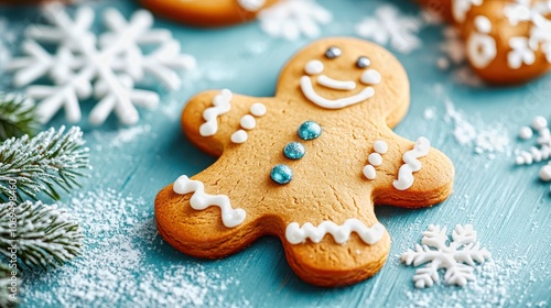 Smiling gingerbread man decorated with icing sugar lying on dark background