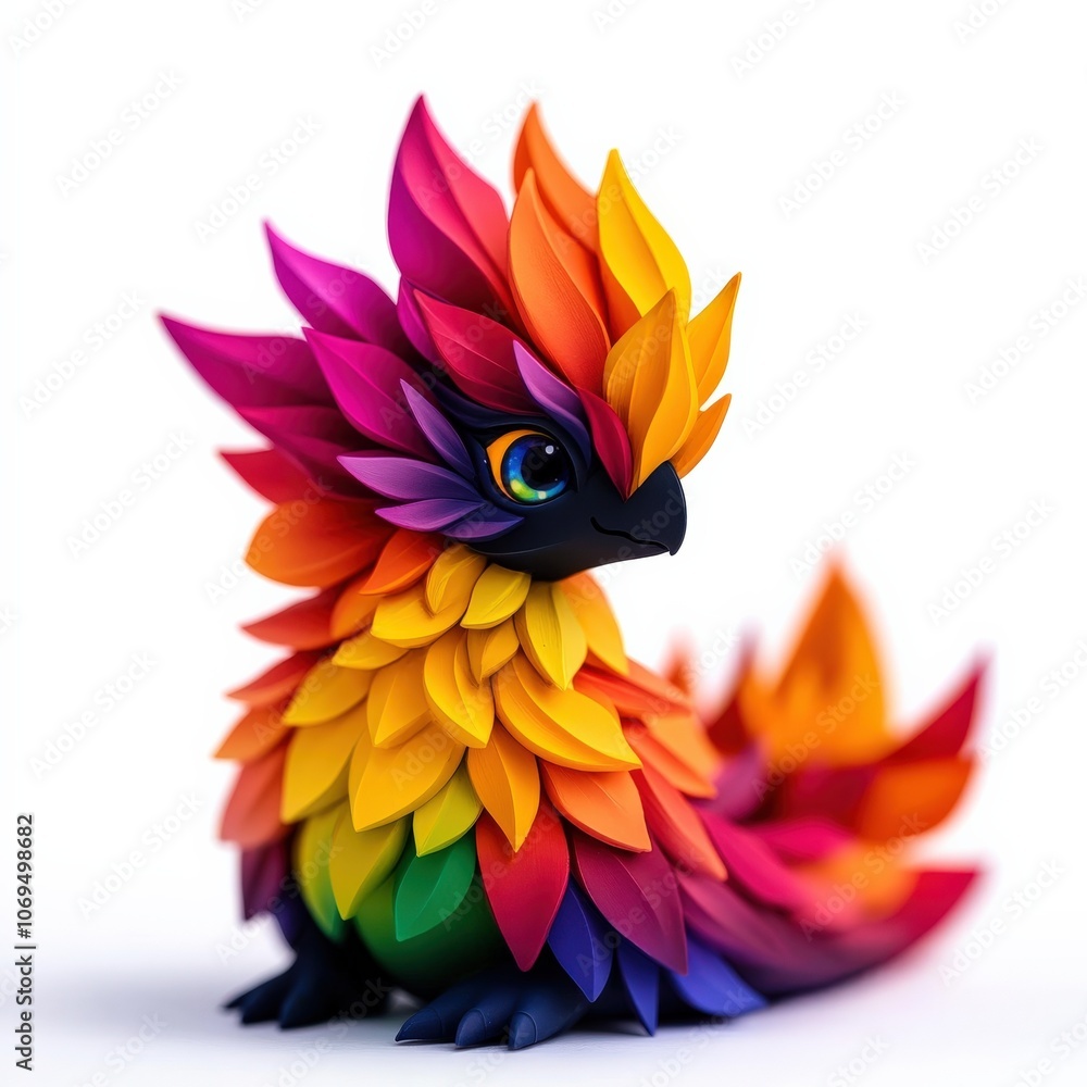 Obraz premium Colorful handcrafted bird figure, vibrant feathers, white isolated background.