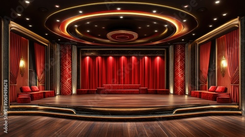 Elegant Theater Stage with Red Curtains and Modern Design