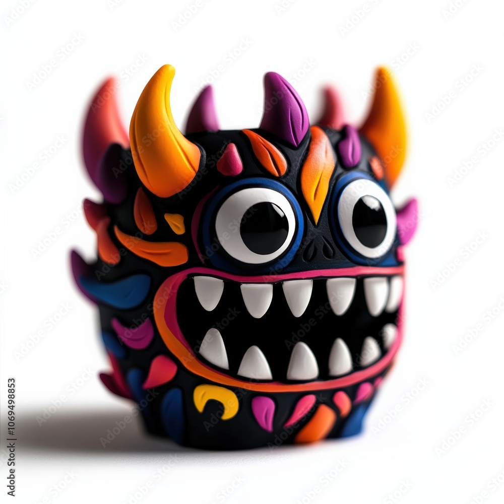 Fototapeta premium Colorful monster figurine with vibrant patterns on white isolate background