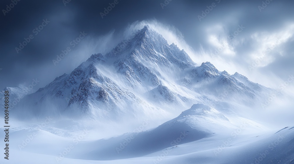 A snow-covered mountain peak rises through swirling clouds, casting a dramatic and ethereal glow over the wintry landscape. A snow-covered mountain peak rises through swirling clouds, casting a dramatic and ethereal glow over the wintry landscape.