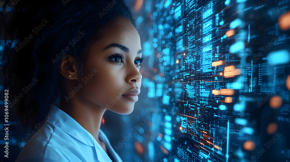Woman Looking at Digital Code Illustration Woman Looking at Digital Code Illustration