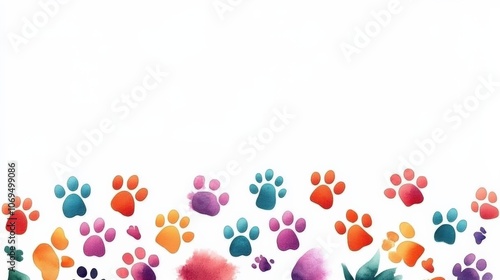 Colorful paw prints and floral elements on a white isolated background.