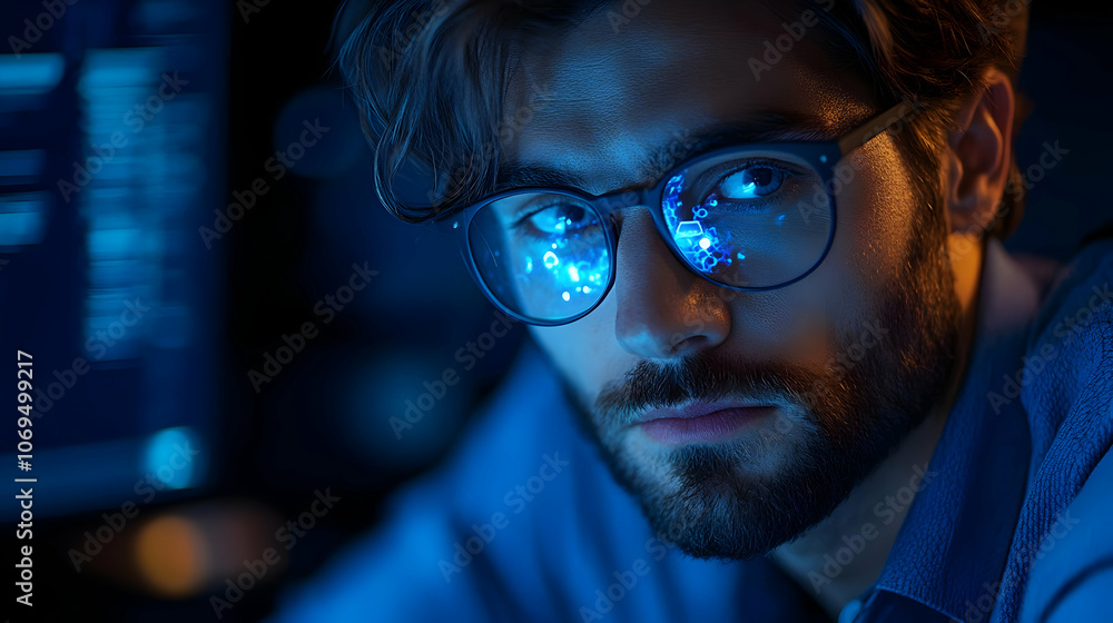 Man Wearing Glasses Reflecting Blue Light Man Wearing Glasses Reflecting Blue Light