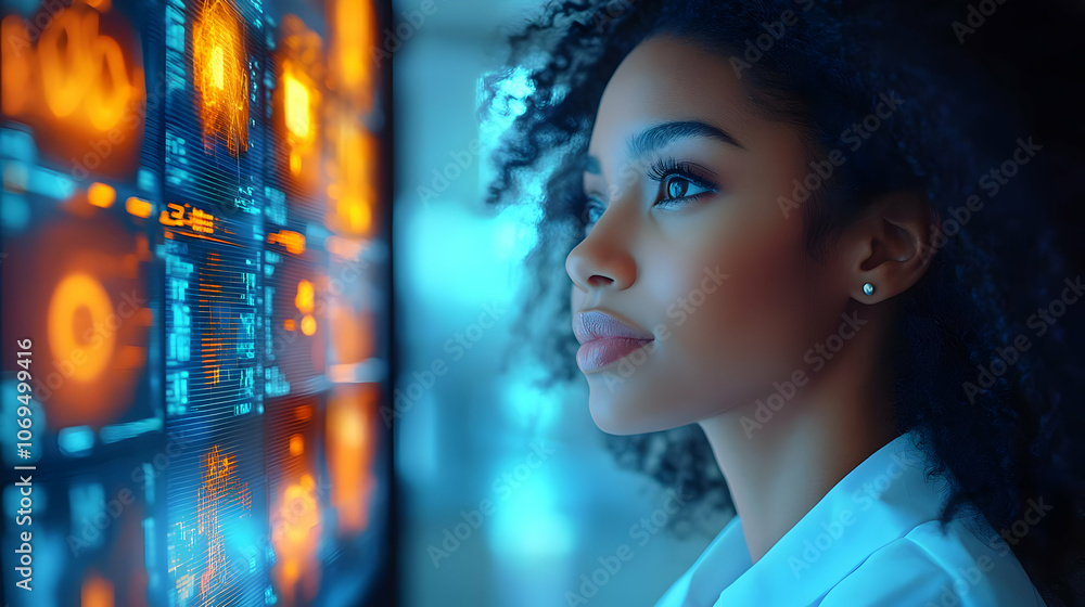 Woman Looking at Data on a Screen - Realistic Image Woman Looking at Data on a Screen - Realistic Image