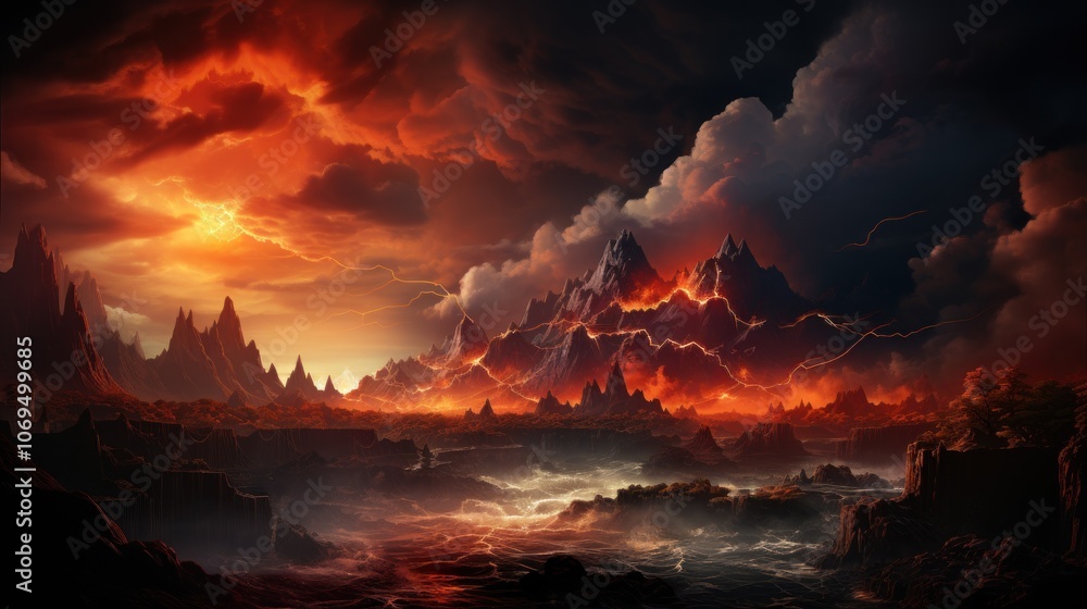 A dramatic landscape with fiery red clouds, jagged mountain peaks, and a misty river in the foreground. A dramatic landscape with fiery red clouds, jagged mountain peaks, and a misty river in the foreground.