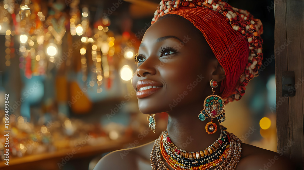 Smiling Woman in Traditional Headdress, Realistic Image Smiling Woman in Traditional Headdress, Realistic Image