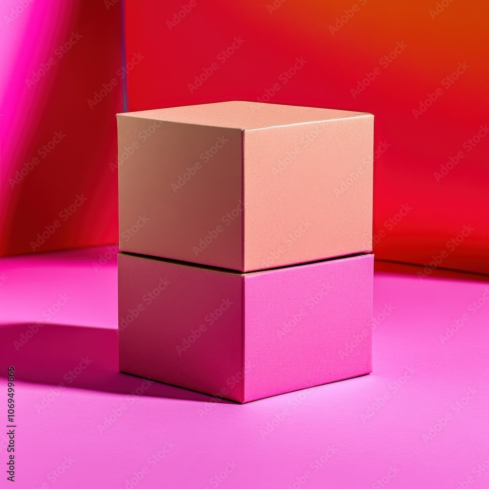 Colorful stacked cubes on a vibrant pink and orange background. Colorful stacked cubes on a vibrant pink and orange background.