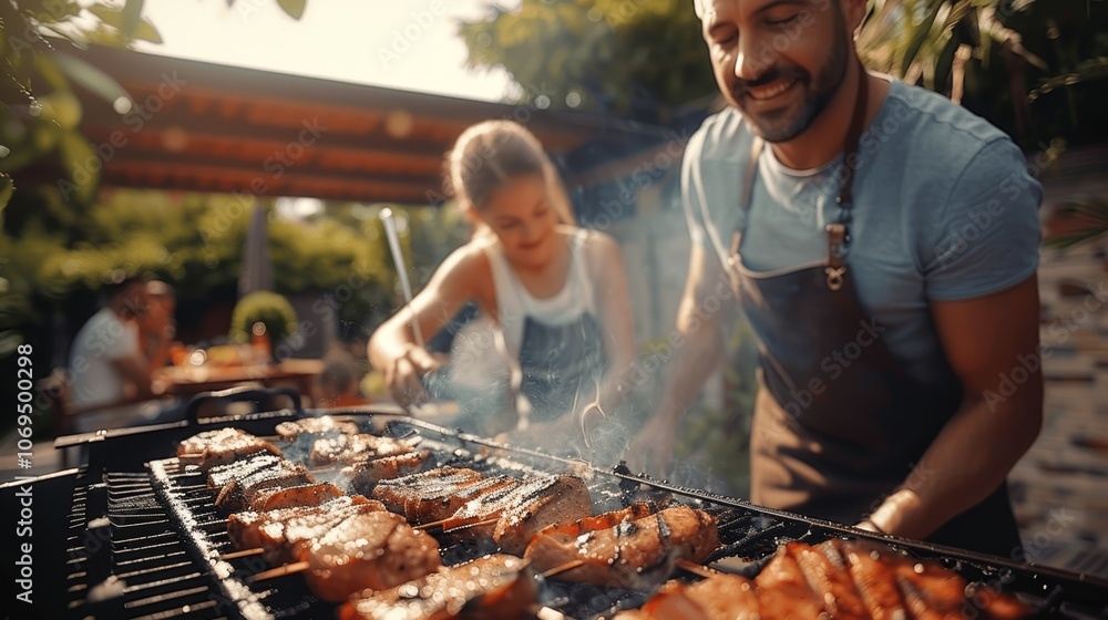 family and friends enjoying barbecue in garden, grilling meat during summer outdoor celebration, happy picnic with food and laughter
