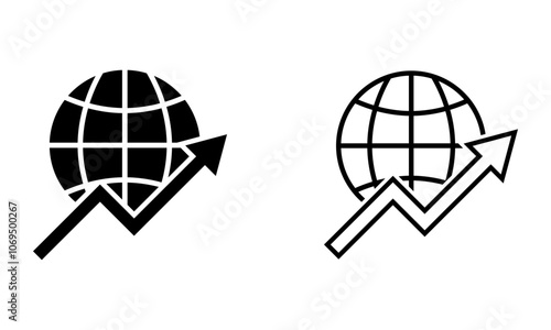 Globe with arrow up, illustration of global economic growth icon vector
