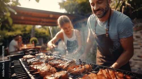 Obraz na płótnie family and friends enjoying barbecue in garden, grilling meat during summer outdoor celebration, happy picnic with food and laughter w salonie