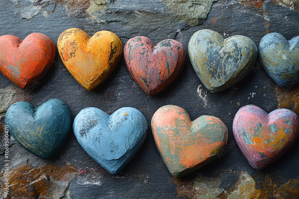 Obraz premium Whimsical chalk hearts in various sizes on a slate surface.
