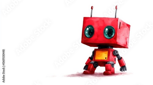 Cute red robot character standing on a white isolated background.