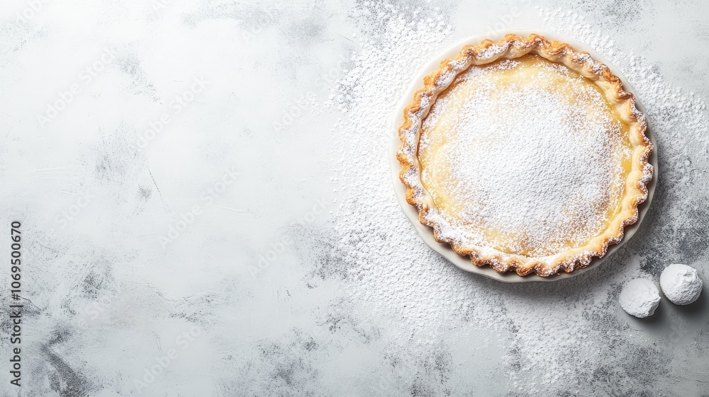 Sweet, round pie dusted with powdered sugar on light gray background Sweet, round pie dusted with powdered sugar on light gray background