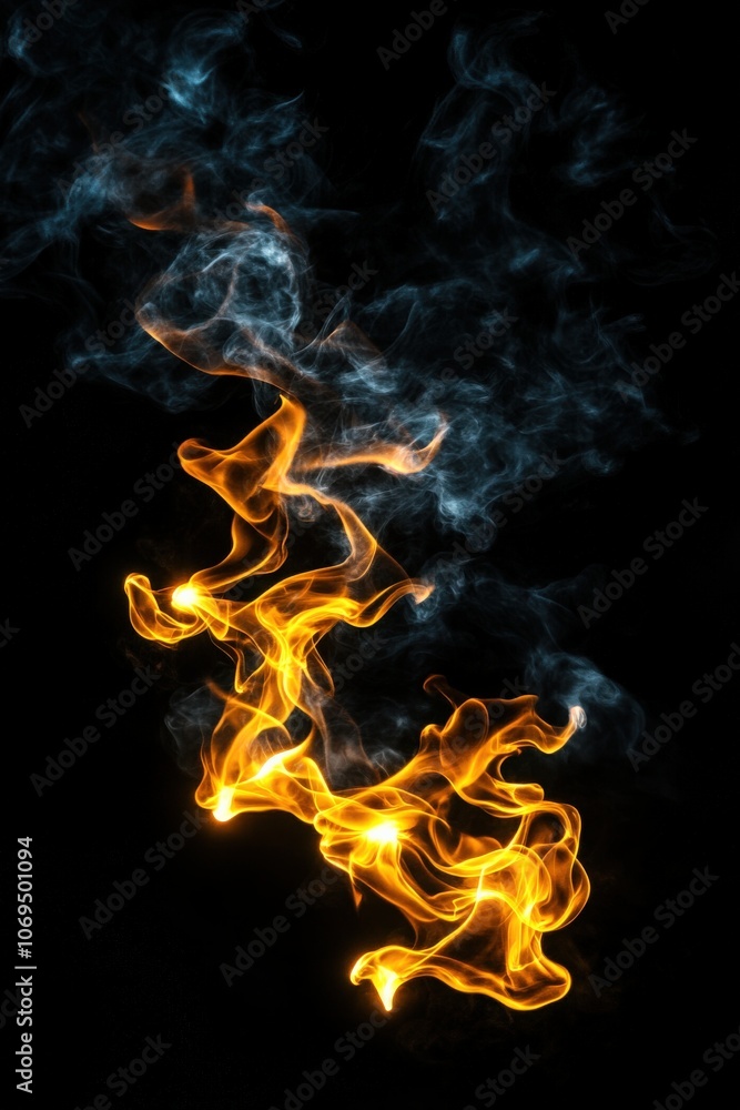 Dynamic swirl of yellow-orange flames with blue smoke on a black background. Dynamic swirl of yellow-orange flames with blue smoke on a black background.