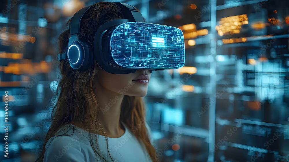 Woman Wearing VR Headset with Digital Interface - Illustration Woman Wearing VR Headset with Digital Interface - Illustration