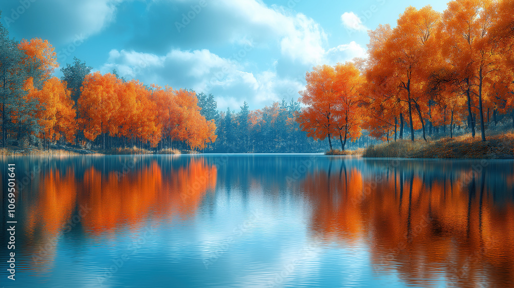 Obraz premium Beautiful autumn landscape with orange trees and a blue sky, reflected in the lake water. A fantasy nature background
