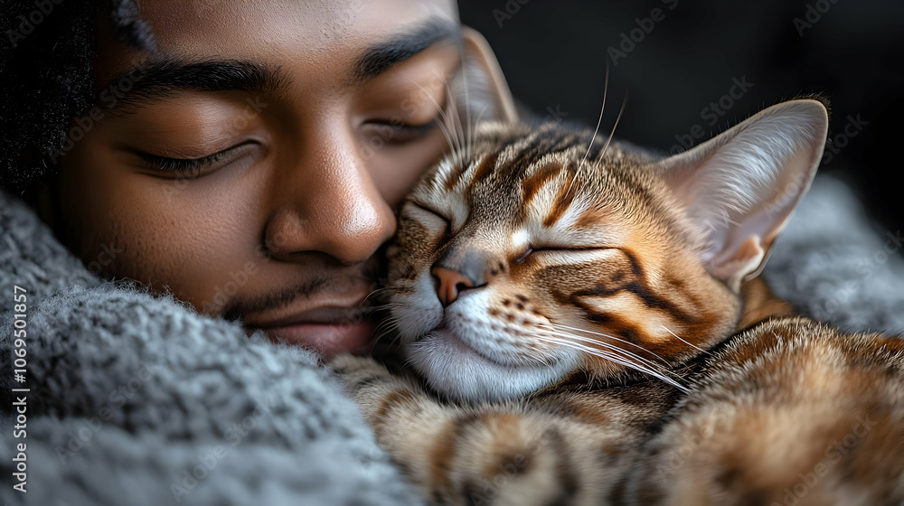 Close Up Photo of Man and Cat Sleeping Close Up Photo of Man and Cat Sleeping