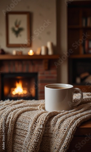 interior of a cozy house with fireplace, blankets and hot drink during winter