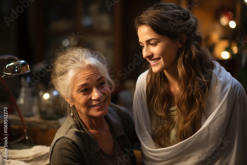 A senior woman and a young woman smile at each other, enjoying a moment of connection.