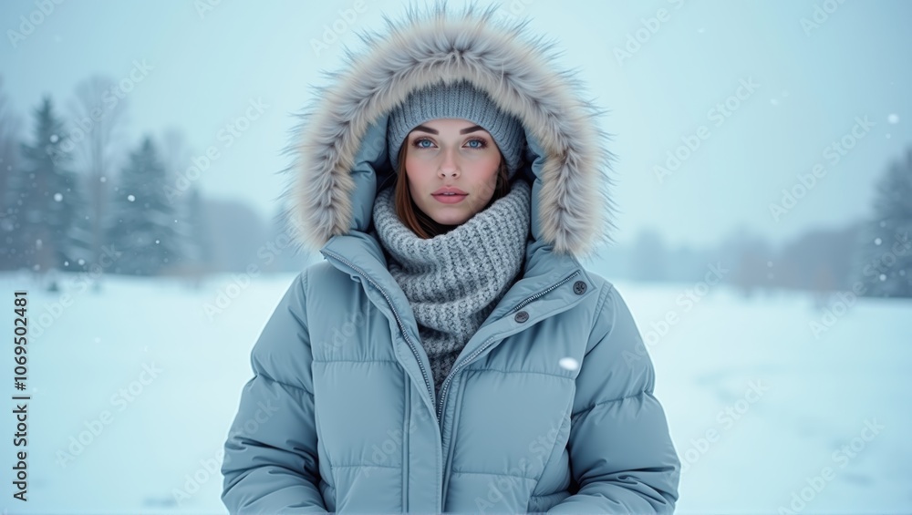 Obraz premium Person in winter clothing with obscured face, standing in a snowy landscape, trees in the background. Generative, AI.