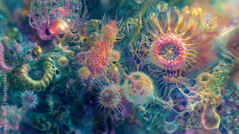Surreal Biomineralization: Microscopic Lifeforms, Ethereal Forest, Digital Painting, Intricate Patterns, Vibrant Colors Surreal Biomineralization: Microscopic Lifeforms, Ethereal Forest, Digital Painting, Intricate Patterns, Vibrant Colors