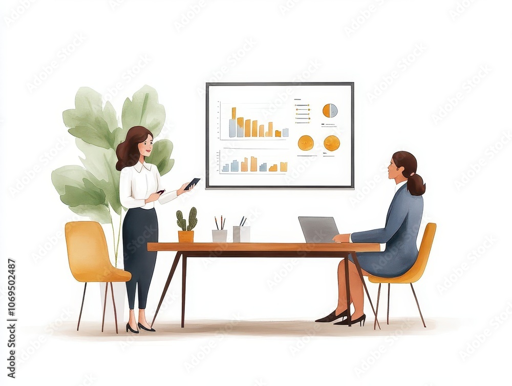 A business meeting scene featuring two women discussing graphs, with a laptop and plants around a wooden table in a modern office setting. A business meeting scene featuring two women discussing graphs, with a laptop and plants around a wooden table in a modern office setting.