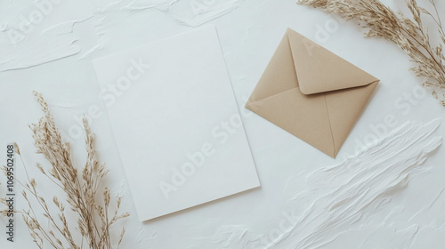 Simple mockup of a blank card and envelope on a textured surface with dried plants