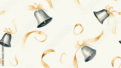 Watercolor Illustration of Silver Bells with Golden Ribbons photo