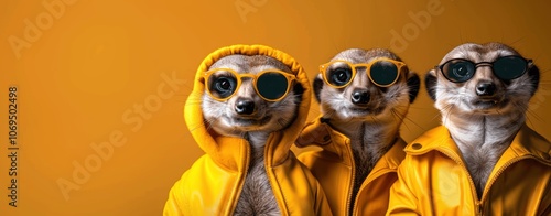 Meerkats in Sunglasses and Yellow Jackets on Solid Background, Fashionable Animal Group Portrait, Playful Caricatures for Banner or Advertising