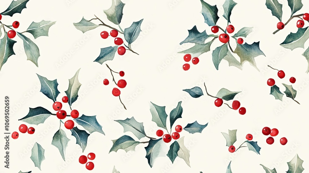 Watercolor Illustration of Green Holly Leaves and Red Berries on a White Background Watercolor Illustration of Green Holly Leaves and Red Berries on a White Background