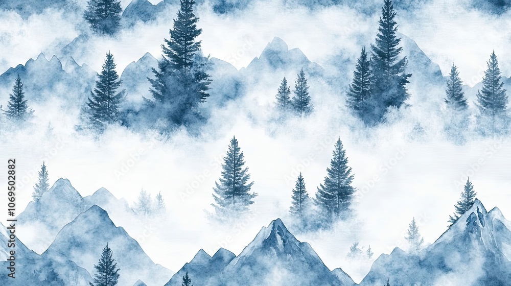 Fototapeta premium Watercolor Painting of a Misty Mountain Range with Pine Trees