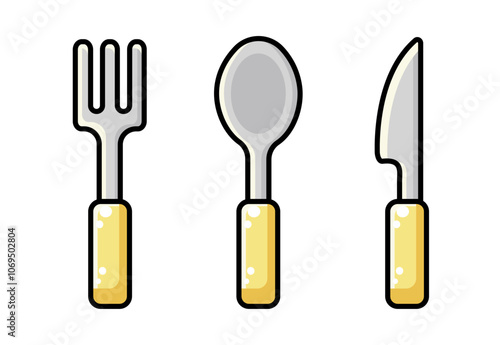 Kitchen cutlery icon set. Outline cute kawaii fork, spoon, and knife with a yellow handle. Dining, eating tools collection vector illustration isolated on white background. Flatware top view