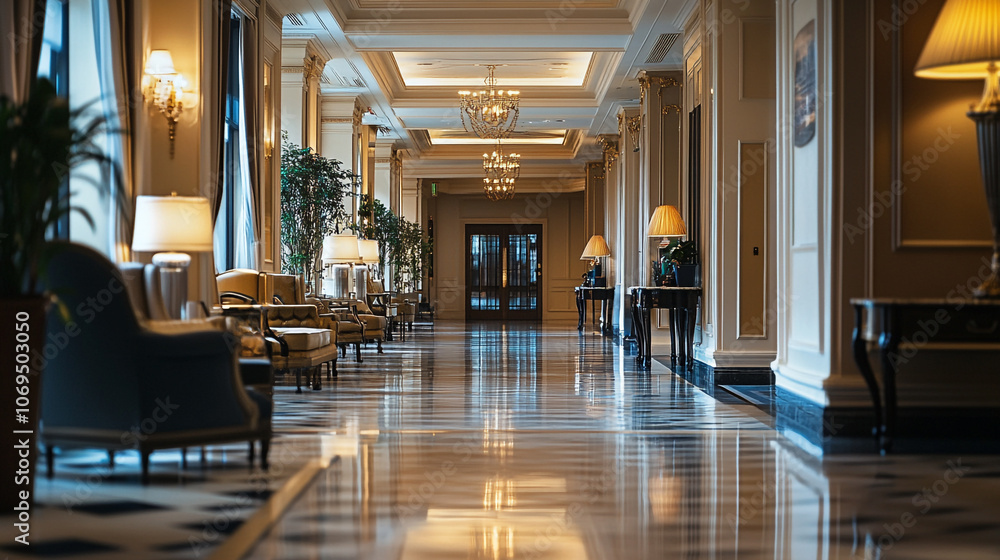 Elegant hotel corridor with polished marble floors and warm lighting in a luxurious setting Elegant hotel corridor with polished marble floors and warm lighting in a luxurious setting