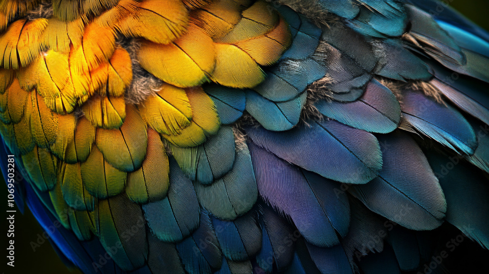 Obraz premium Vibrant Parrot Feathers: Closeup Macro Photography of Iridescent Blue and Gold Plumage