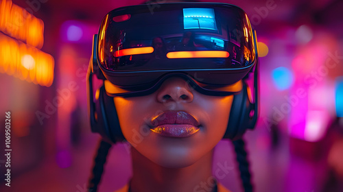 Woman Wearing VR Headset with Neon Lights Background