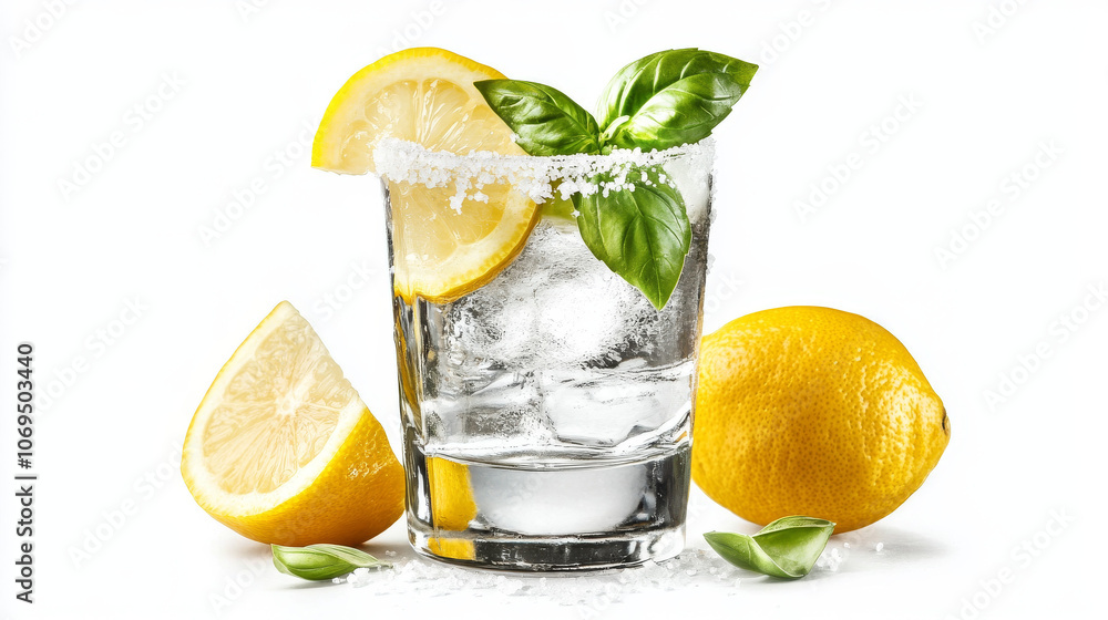 Salty Tequila Shot with Lemon and Basil Garnish Salty Tequila Shot with Lemon and Basil Garnish