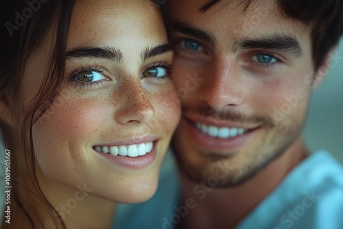 A close-up portrait of a young couple smiling at the camera.