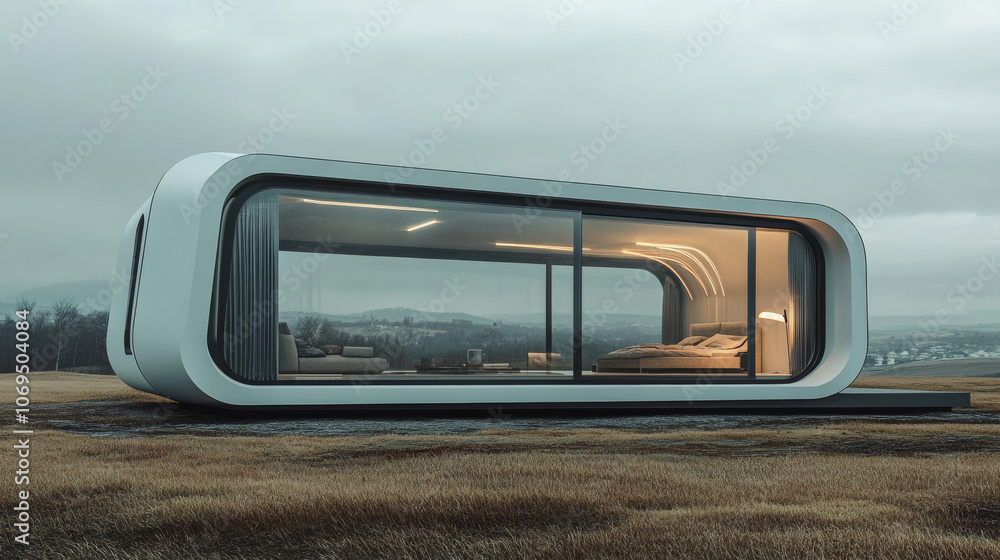 Futuristic Prefab Home, Modern Design, Open Landscape View, 3D Rendering, Minimalist Architecture Futuristic Prefab Home, Modern Design, Open Landscape View, 3D Rendering, Minimalist Architecture