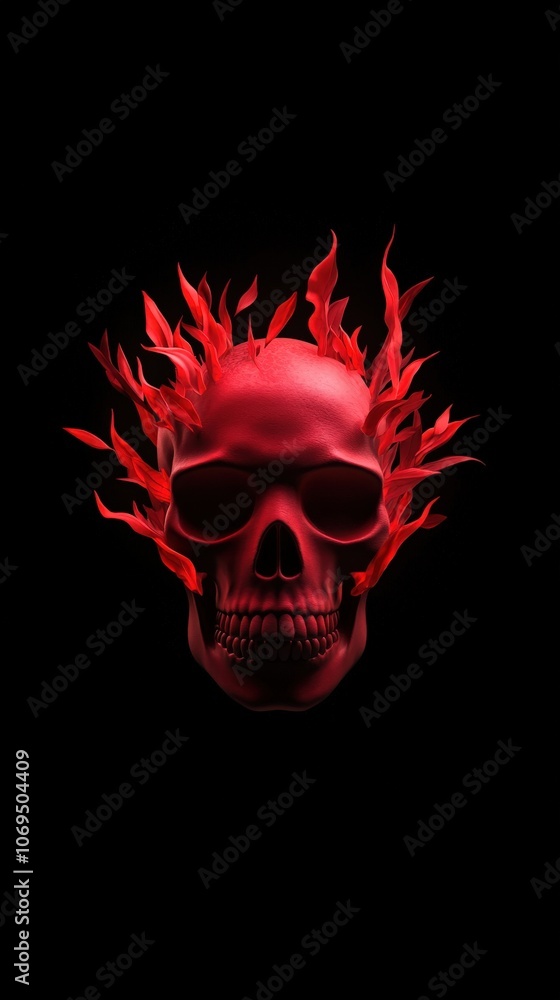 Red skull with flames on a black background, dramatic and striking visual. Red skull with flames on a black background, dramatic and striking visual.