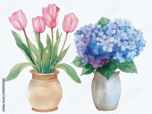 Pastel Pink Tulips and Blue Hydrangea in Beige Vase Clipart - Simple Watercolor Floral Arrangement