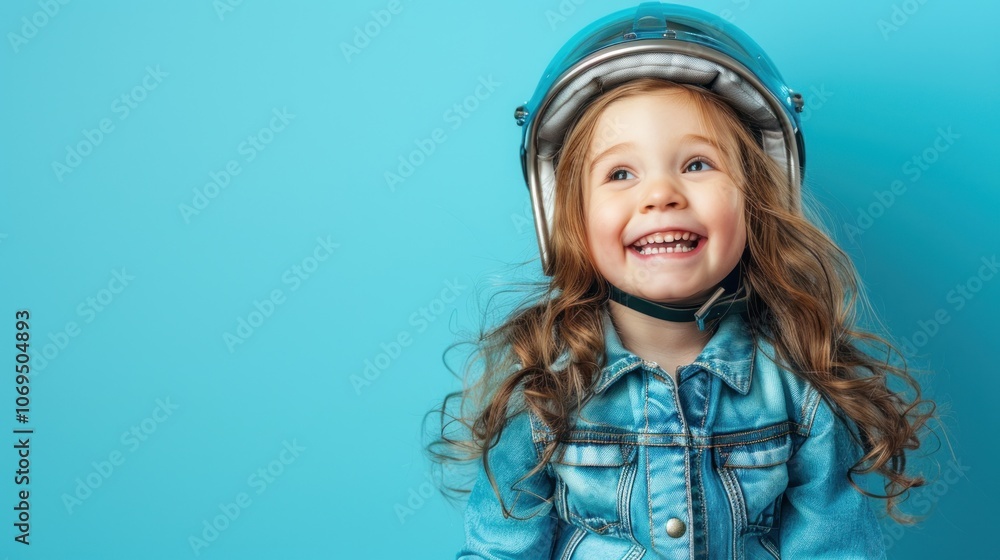 Portrait of her cheerful little girl with wavy hair wearing a helmet, AI generated image Portrait of her cheerful little girl with wavy hair wearing a helmet, AI generated image
