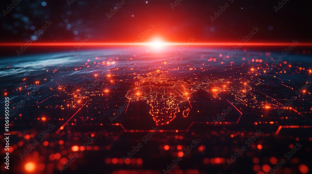A stylized depiction of Earth at night, with glowing city lights and a red sunrise. A stylized depiction of Earth at night, with glowing city lights and a red sunrise.