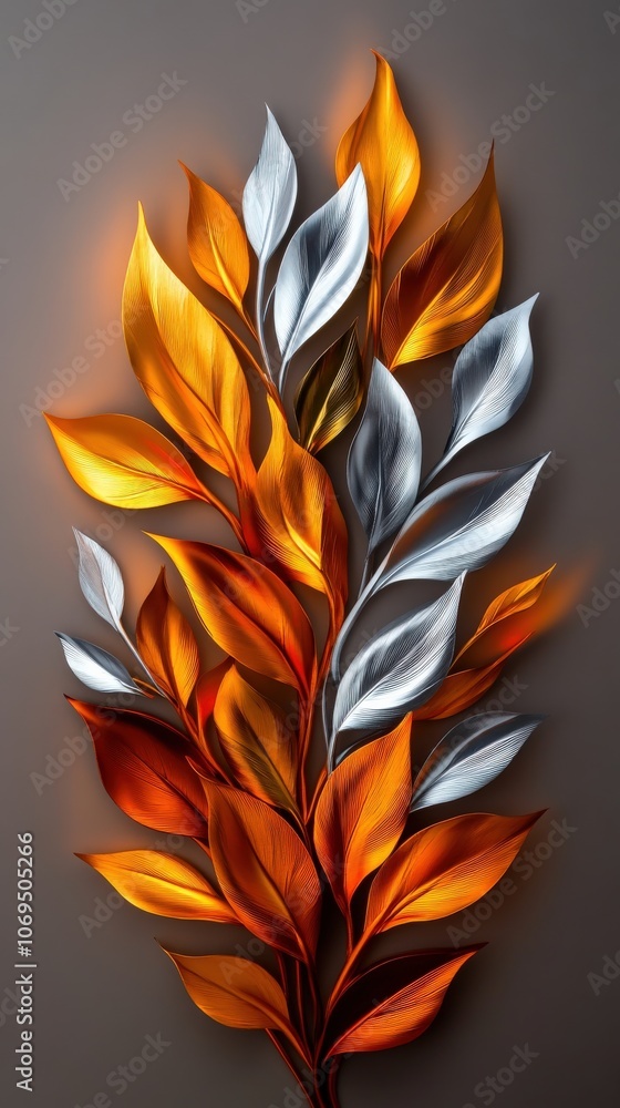 Stylized metallic leaves in vibrant autumn colors on a textured background. Stylized metallic leaves in vibrant autumn colors on a textured background.