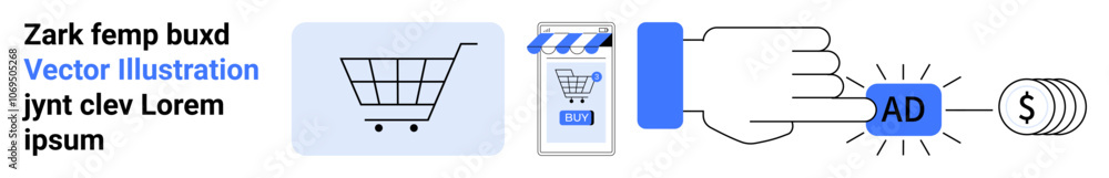 Digital shopping cart, smartphone, hand clicking ad, dollar sign. Ideal for e-commerce, digital ads, PPC campaigns, online shopping, app promotions, digital marketing, financial tech. Landing page Digital shopping cart, smartphone, hand clicking ad, dollar sign. Ideal for e-commerce, digital ads, PPC campaigns, online shopping, app promotions, digital marketing, financial tech. Landing page