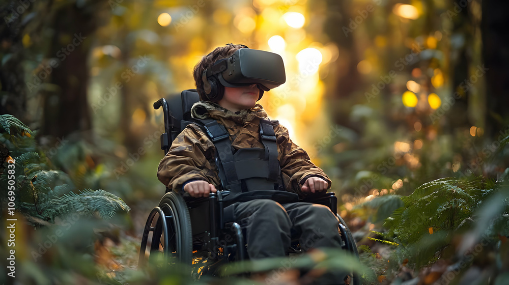 Fototapeta premium Boy in Wheelchair Exploring Nature with Virtual Reality Headset - Realistic Photo