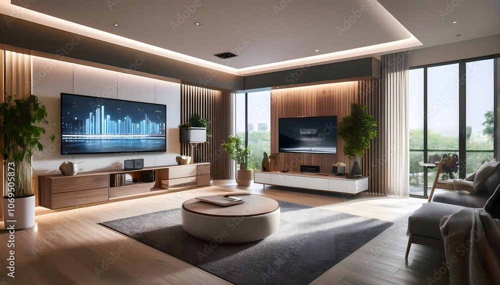 Fototapeta premium Modern Living Room with TV, Wood Paneling and Plants