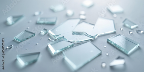 Dynamic glass texture featuring shattered pieces with bits broken glass pieces. Blur and bokeh motion effect.