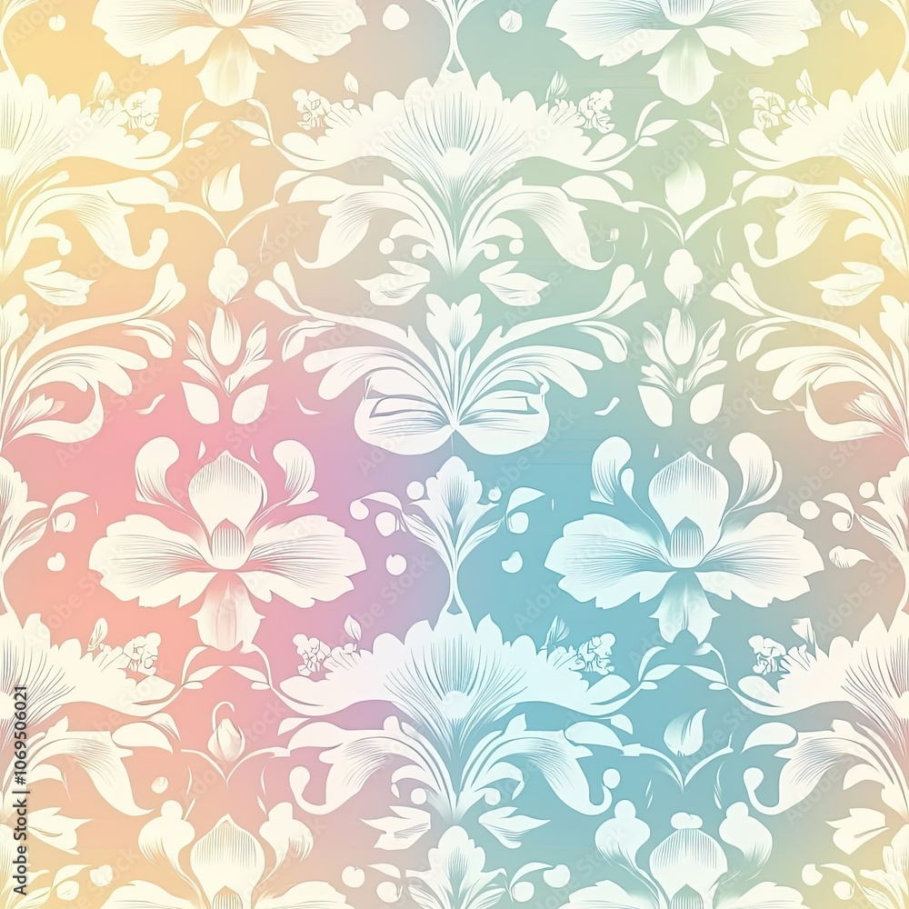 Fototapeta premium White Floral Pattern on a Rainbow Gradient Background