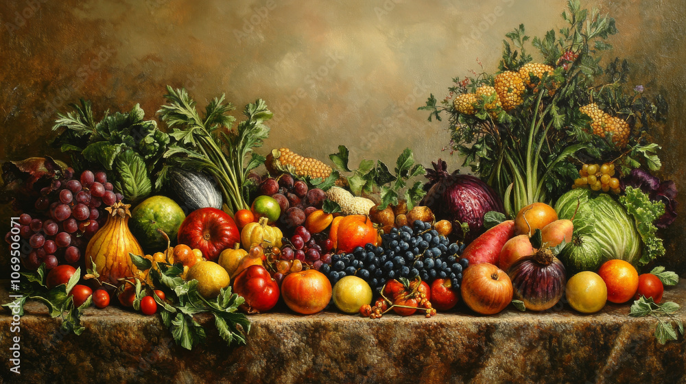 Abundant Harvest: Still Life Painting of Fruits and Vegetables Abundant Harvest: Still Life Painting of Fruits and Vegetables